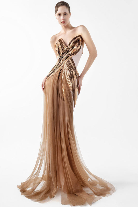 Strapless Gown with Bronze Folds