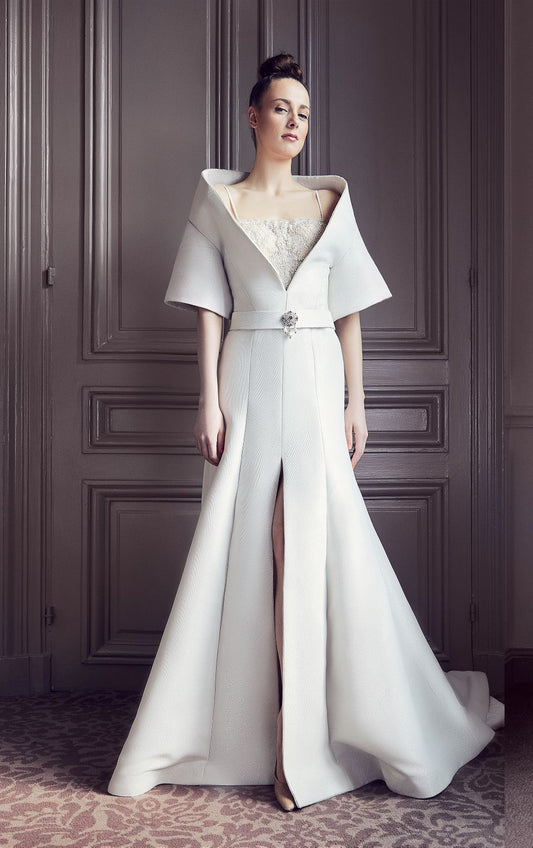 Short Sleeve A-Line Slit Gown