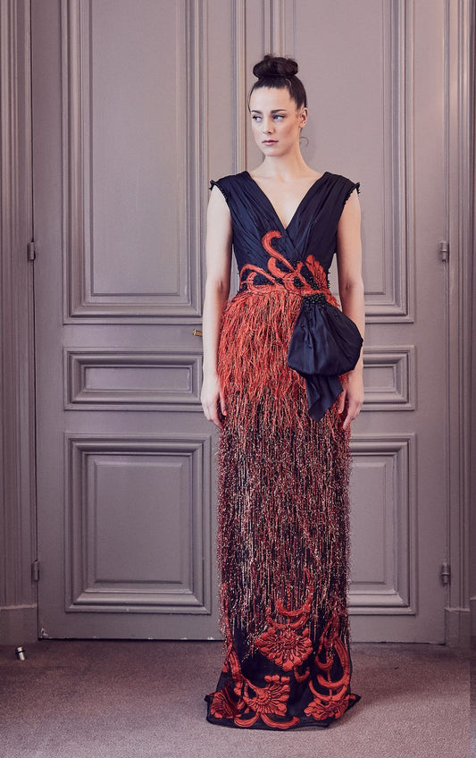 Cap Sleeve Fringe Column Gown