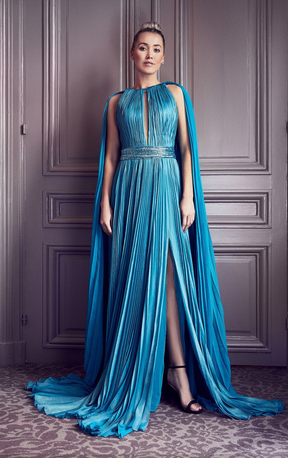 Pleated Cape Sleeve Gown
