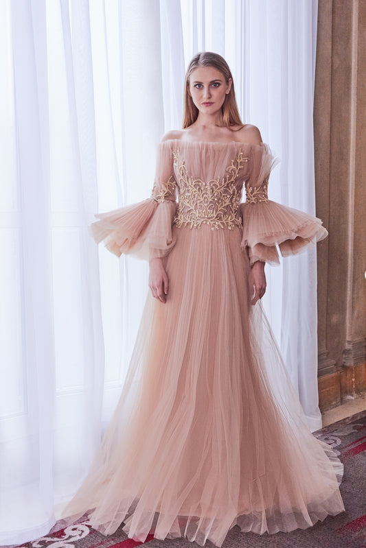 Long Sleeve Off the Shoulder Gown