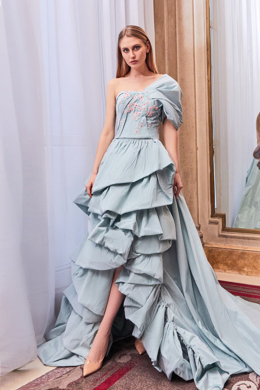 One Shoulder Ruffled Hi-Lo Gown