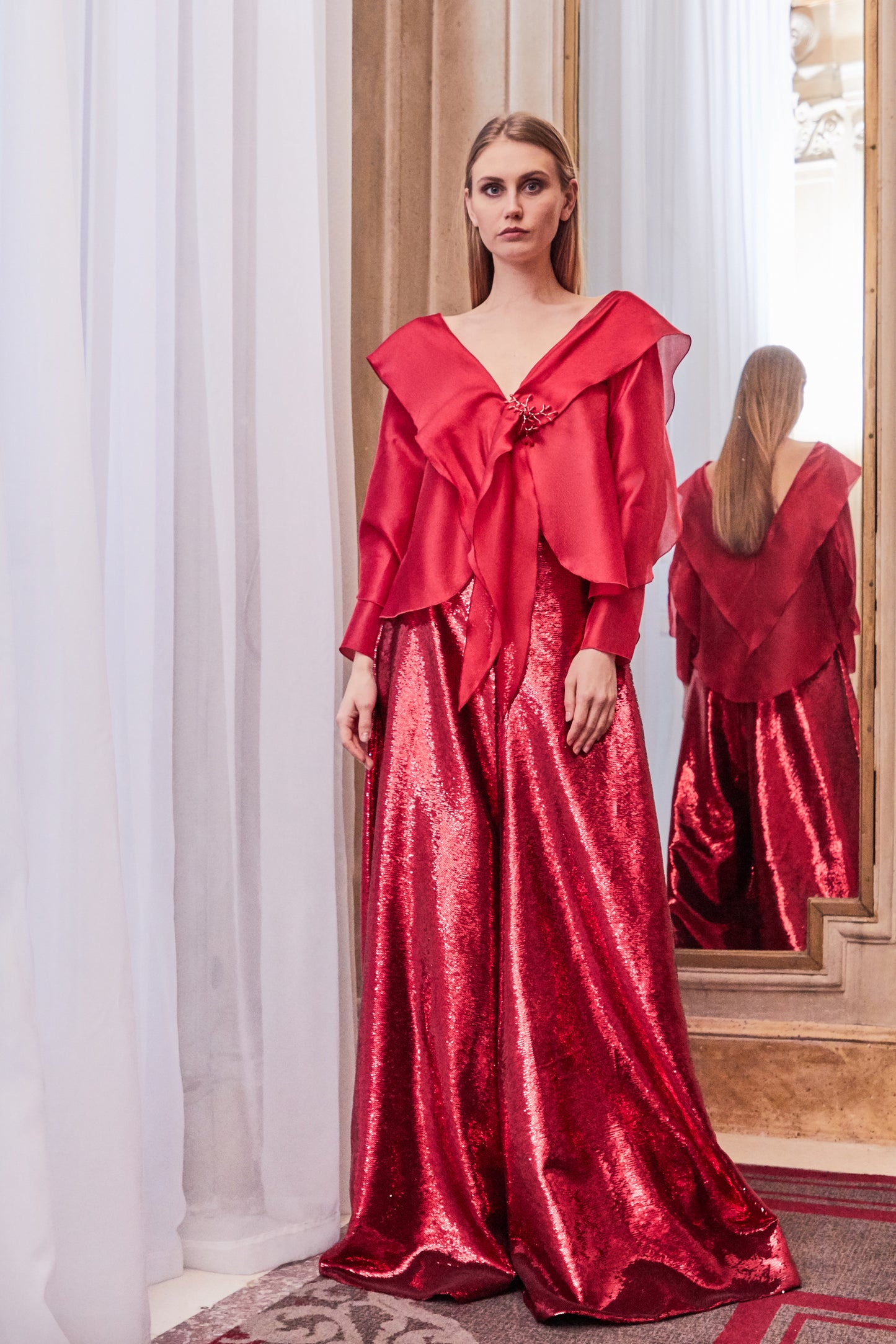 Long Sleeve V-Neck Top and Skirt