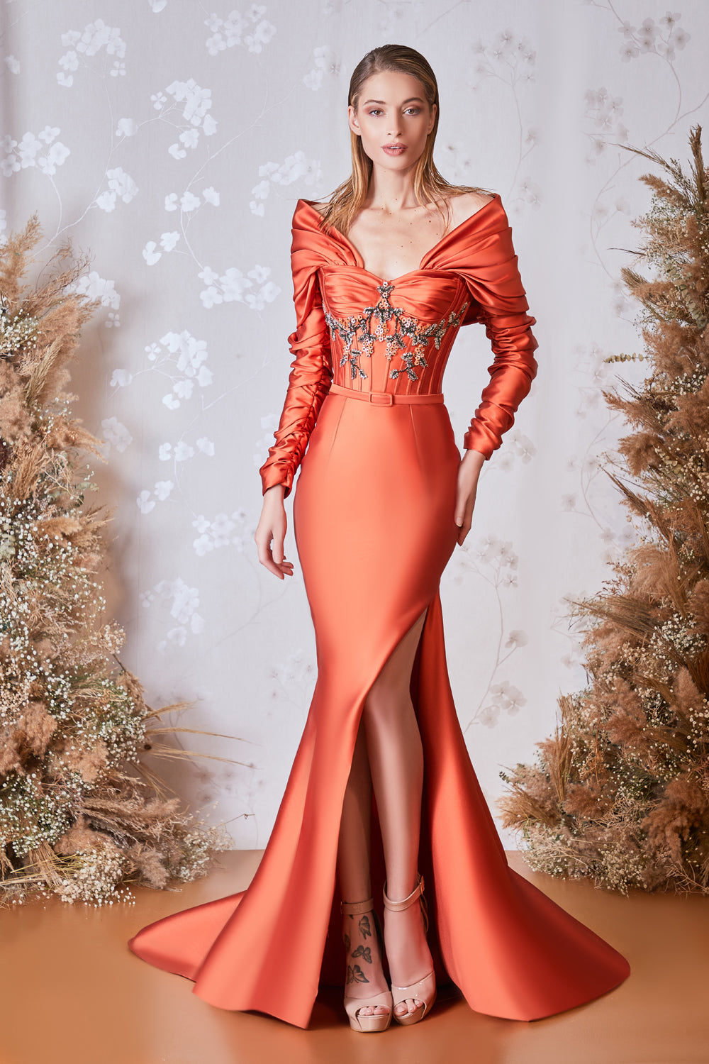 Off Shoulder Long Sleeve Slit  Gown