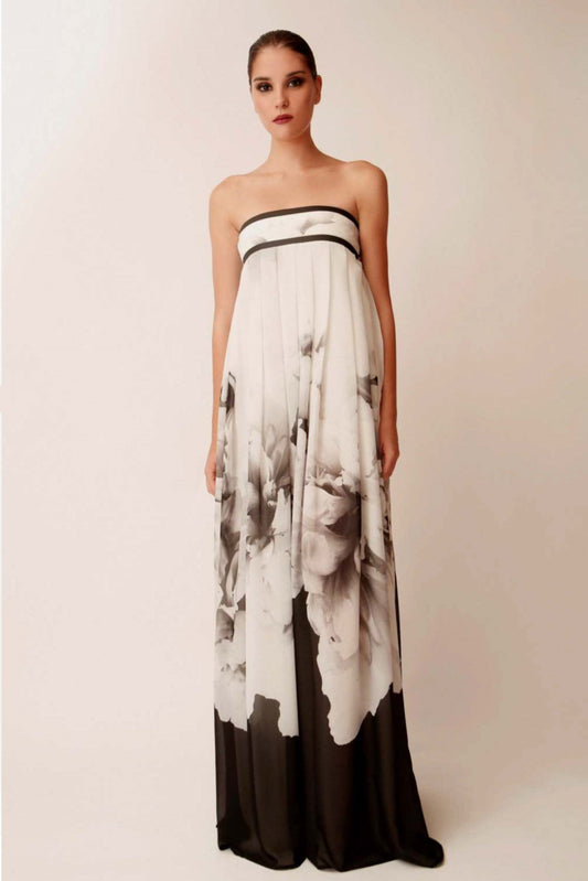 Strapless Pleated Floral Gown