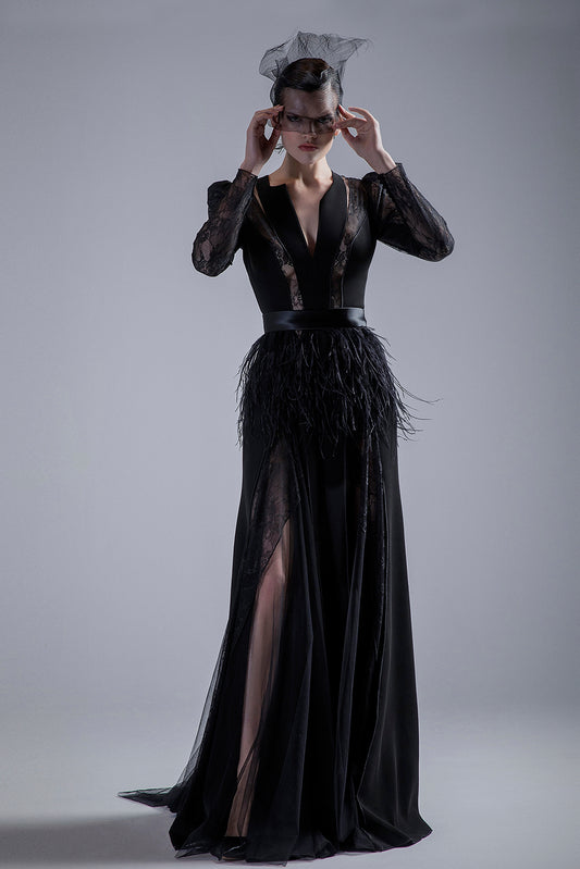 Feather Black Gown