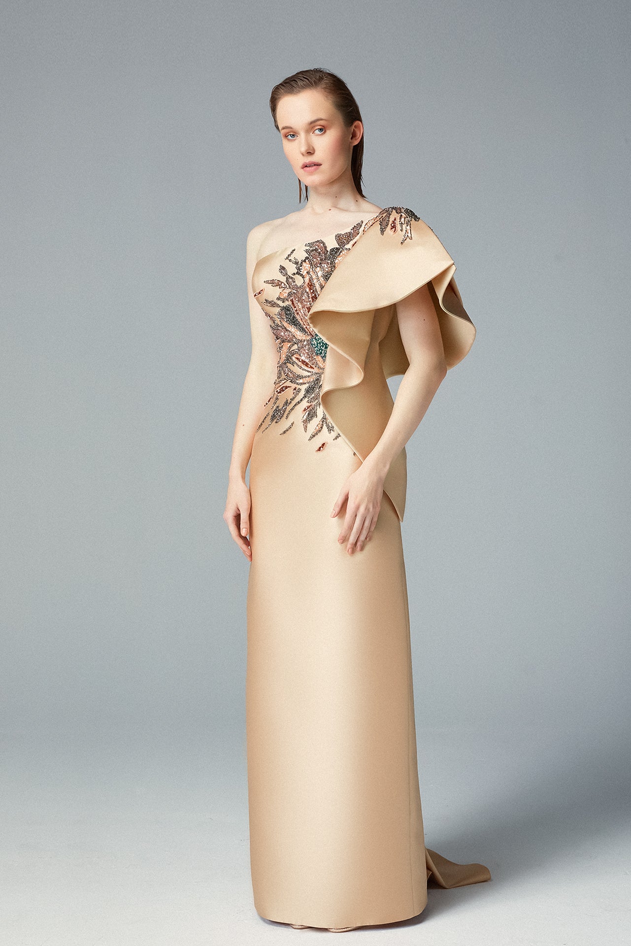 One Ruffle Shoulder Gown