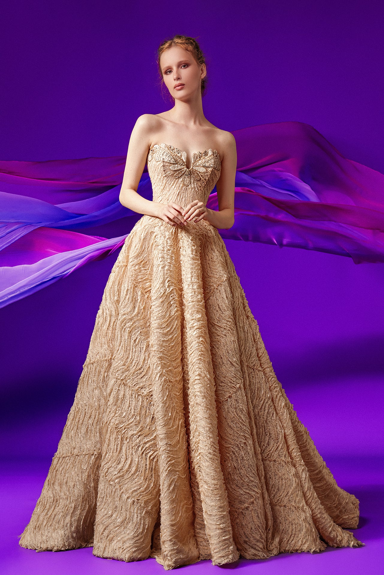 Strapless Laser-Cut Lace Embroidered Gown