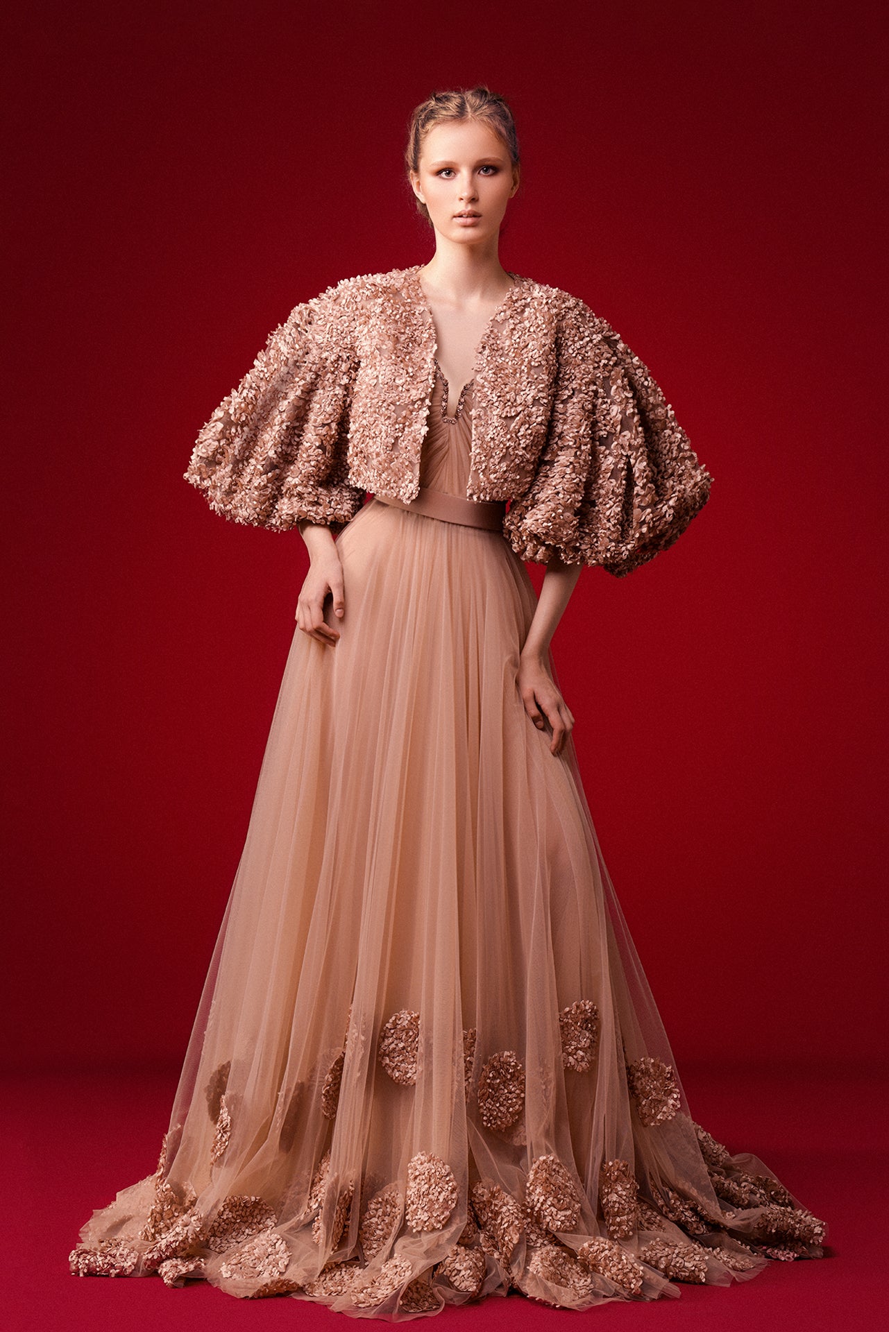 Laser-Cut Tulle Gown with Bolero