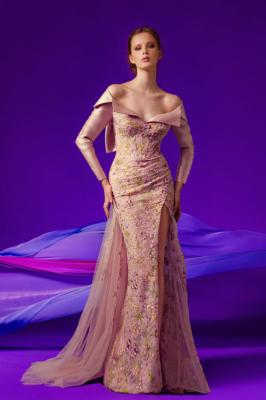 Off Shoulder Long Sleeve Embroidered Gown