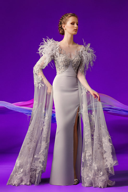 Cape Sleeve Beaded Bodice Slit Gown