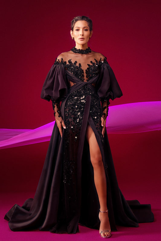 High Neck Off Shoulder Illusion Gown