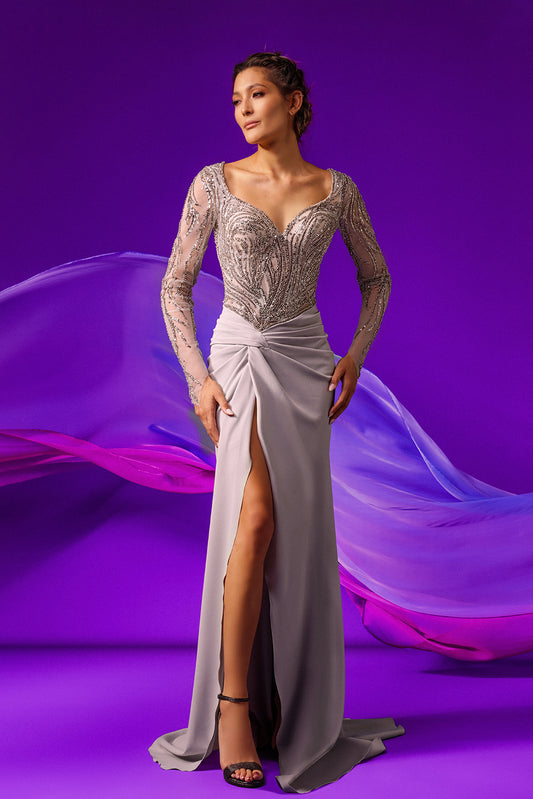 Knotted Waist Beaded Bodice Slit Gown
