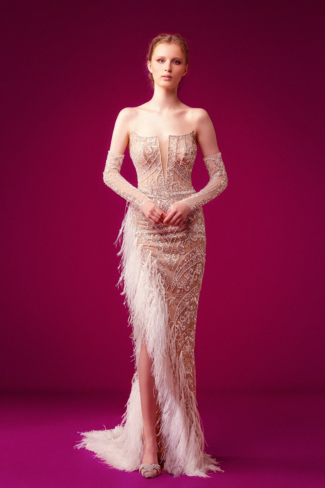 Strapless Beaded Side Feathered Gown