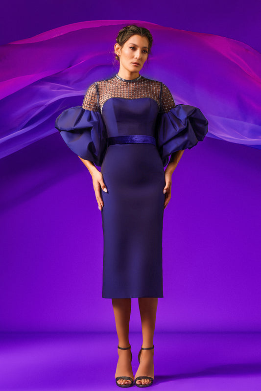 Puffed Sleeve Mikado Midi Dress