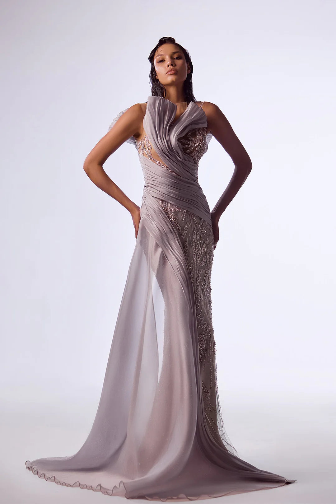 Sleeveless Ruched Embroidered Gown