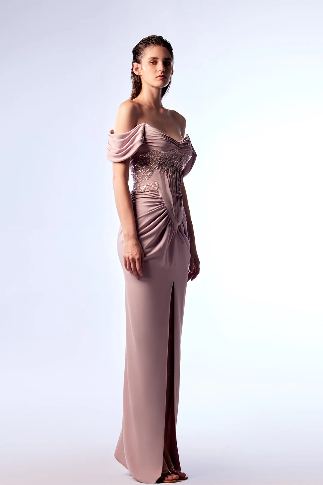 Off-Shoulder Ruched Embroidered Gown