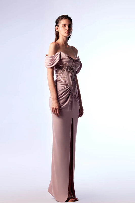 Off-Shoulder Ruched Embroidered Gown