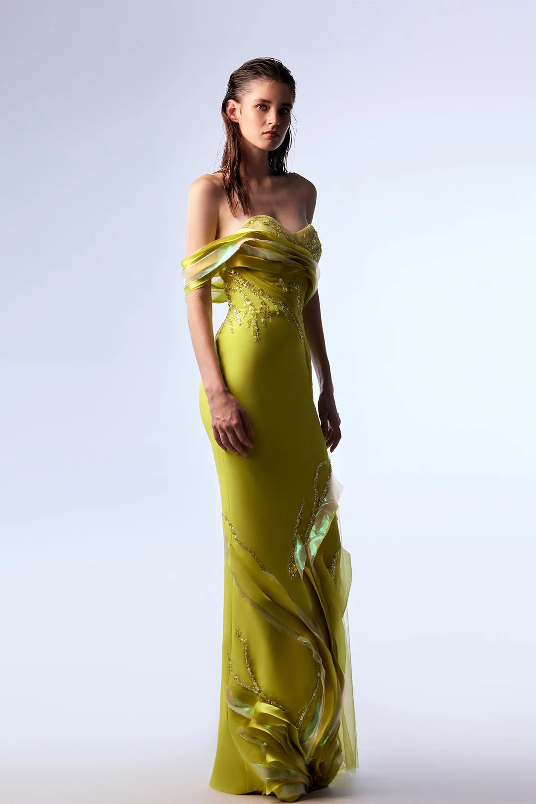 Off-Shoulder Embroidered Draped Gown