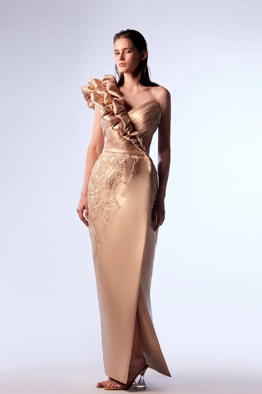 One-Shoulder Embroidered Evening Dress