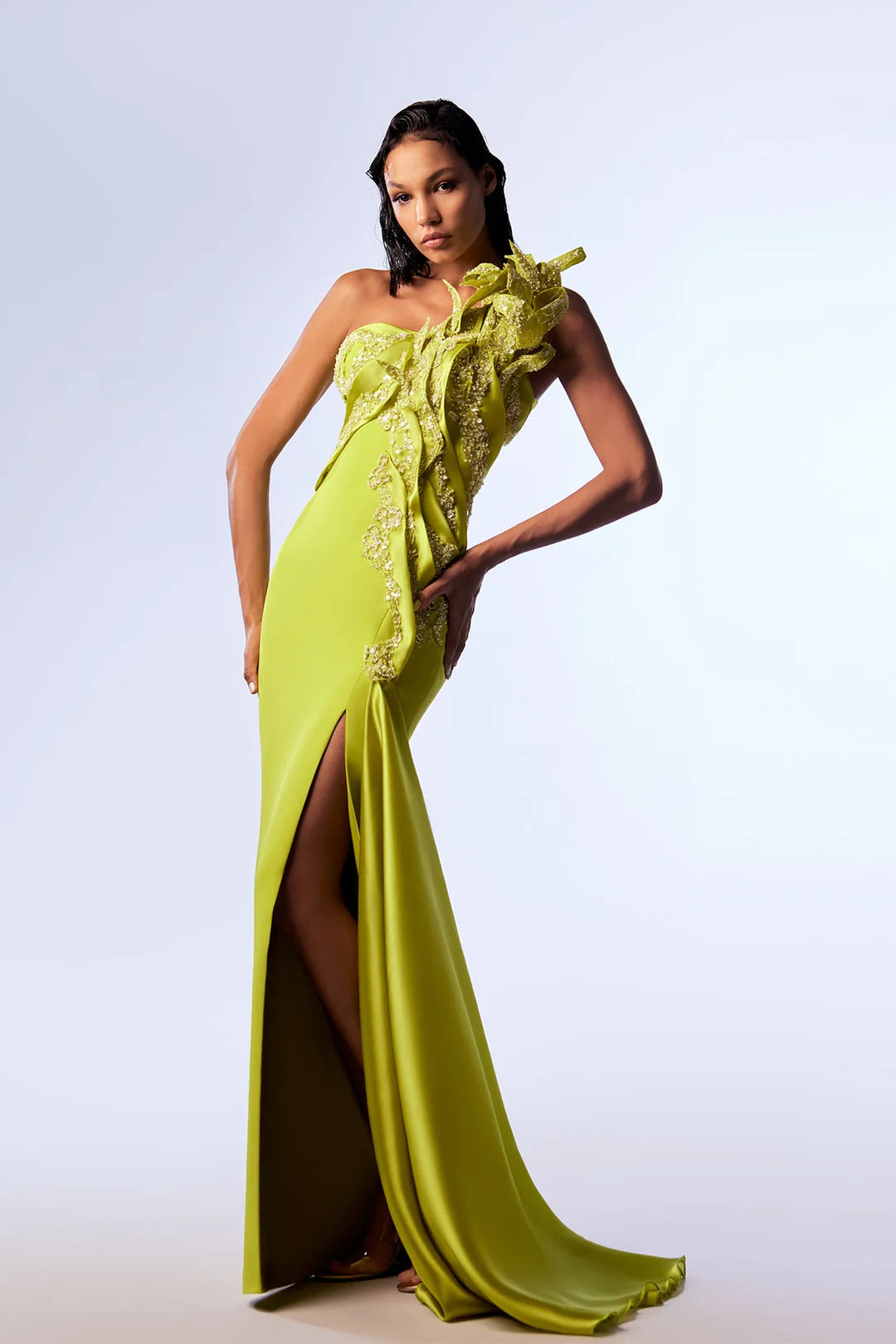 Detailed One-Shoulder Sleeveless Gown