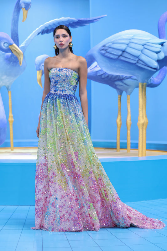 Multicolored Beaded Tulle Gown