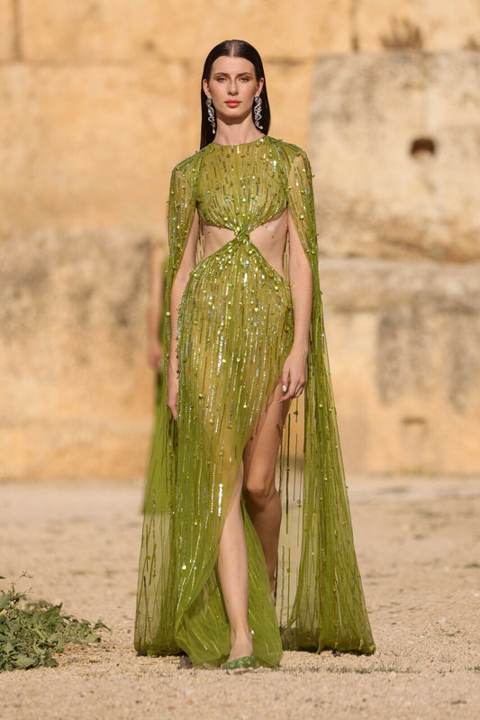 Caped Dress with Draped Twist