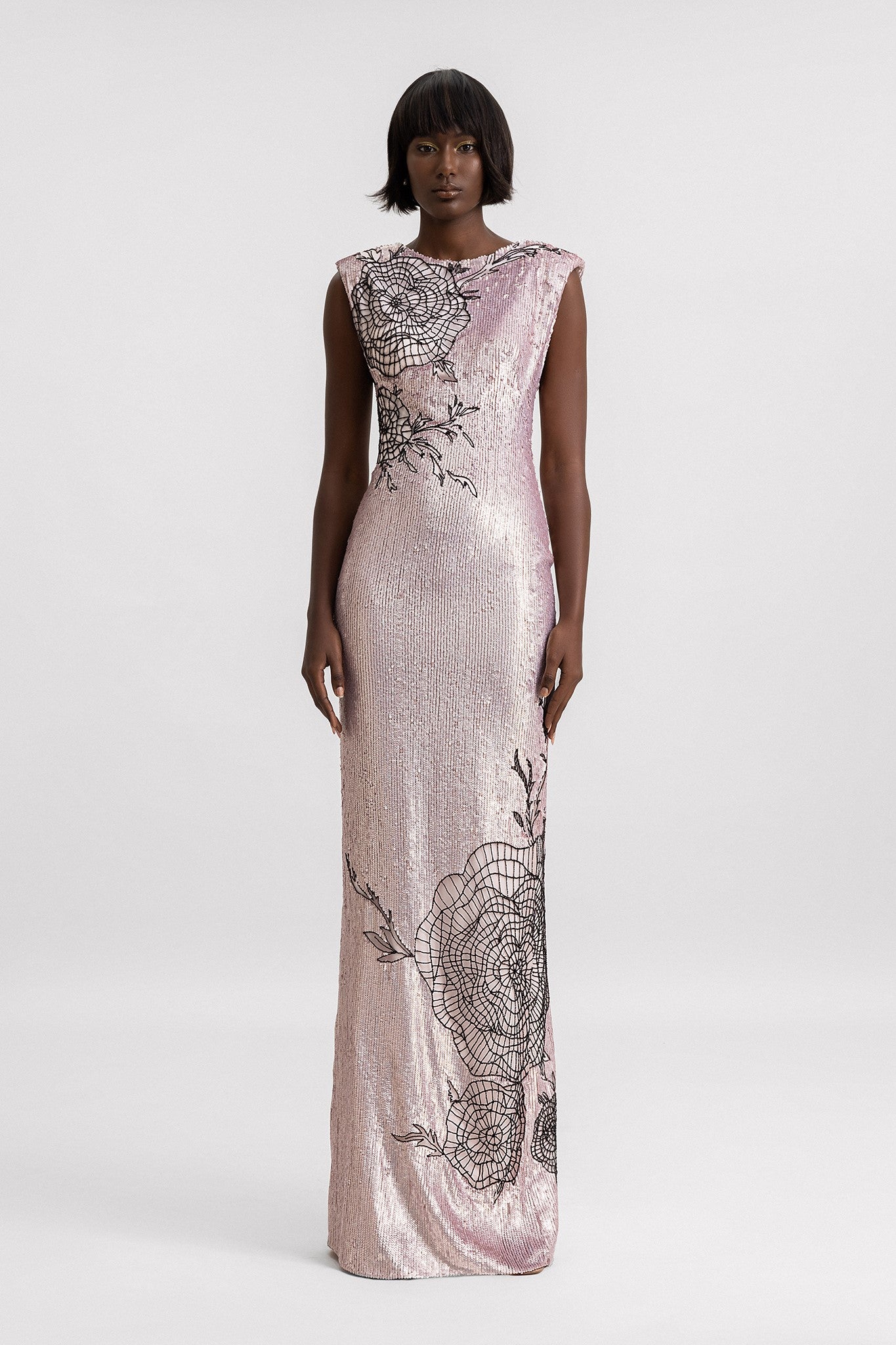 Embroidered Structured Shoulder Gown
