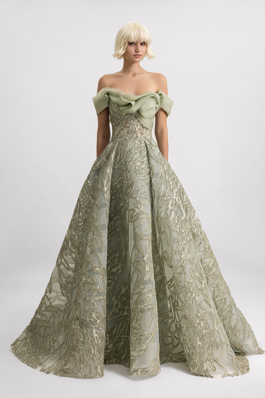 Draped Organza Neckline Gown