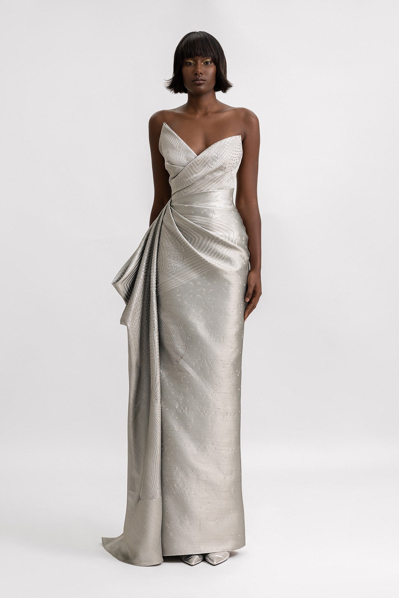 Strapless Asymmetrical Neckline Gown