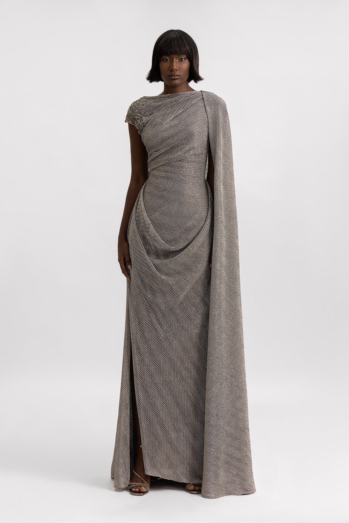 Asymmetrical Draped Beaded Shoulder Gown