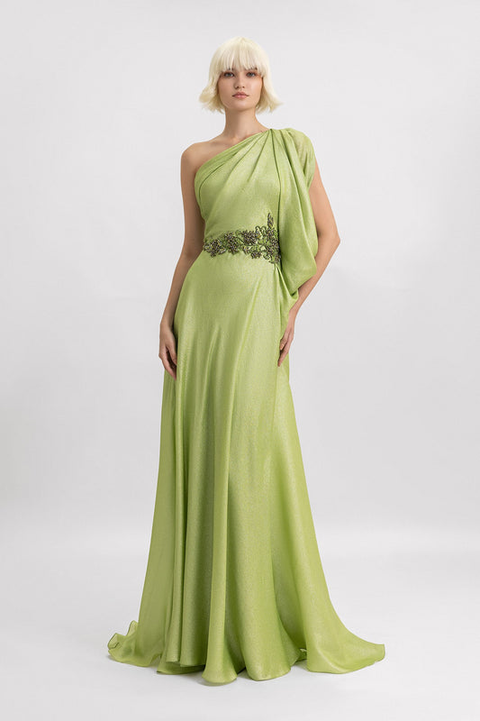 One Shoulder Gown with Beaded Waistline