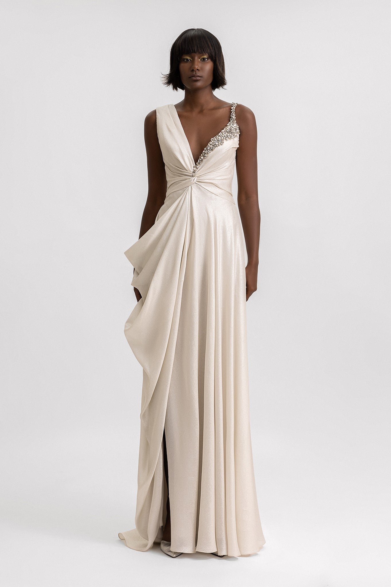 Asymmetrical-Neckline-Draped Gown