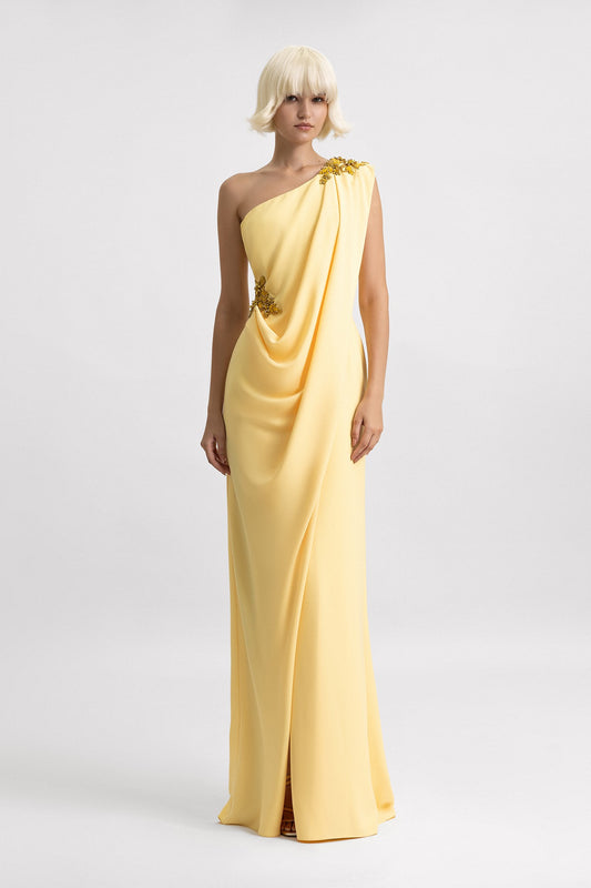 One Beaded Shoulder Draped Gown