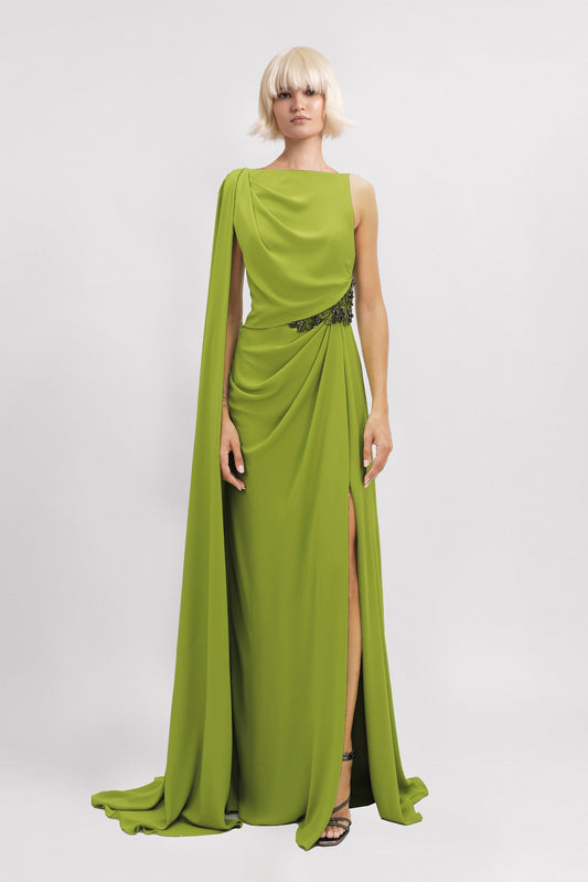 Cape-Like Sleeve Gown with Beaded Waistline