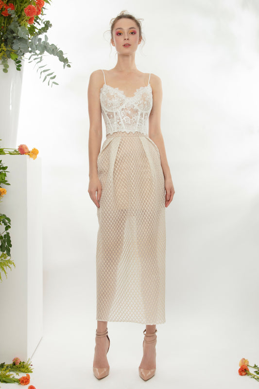 White Lace Corset and Pencil Cut Skirt
