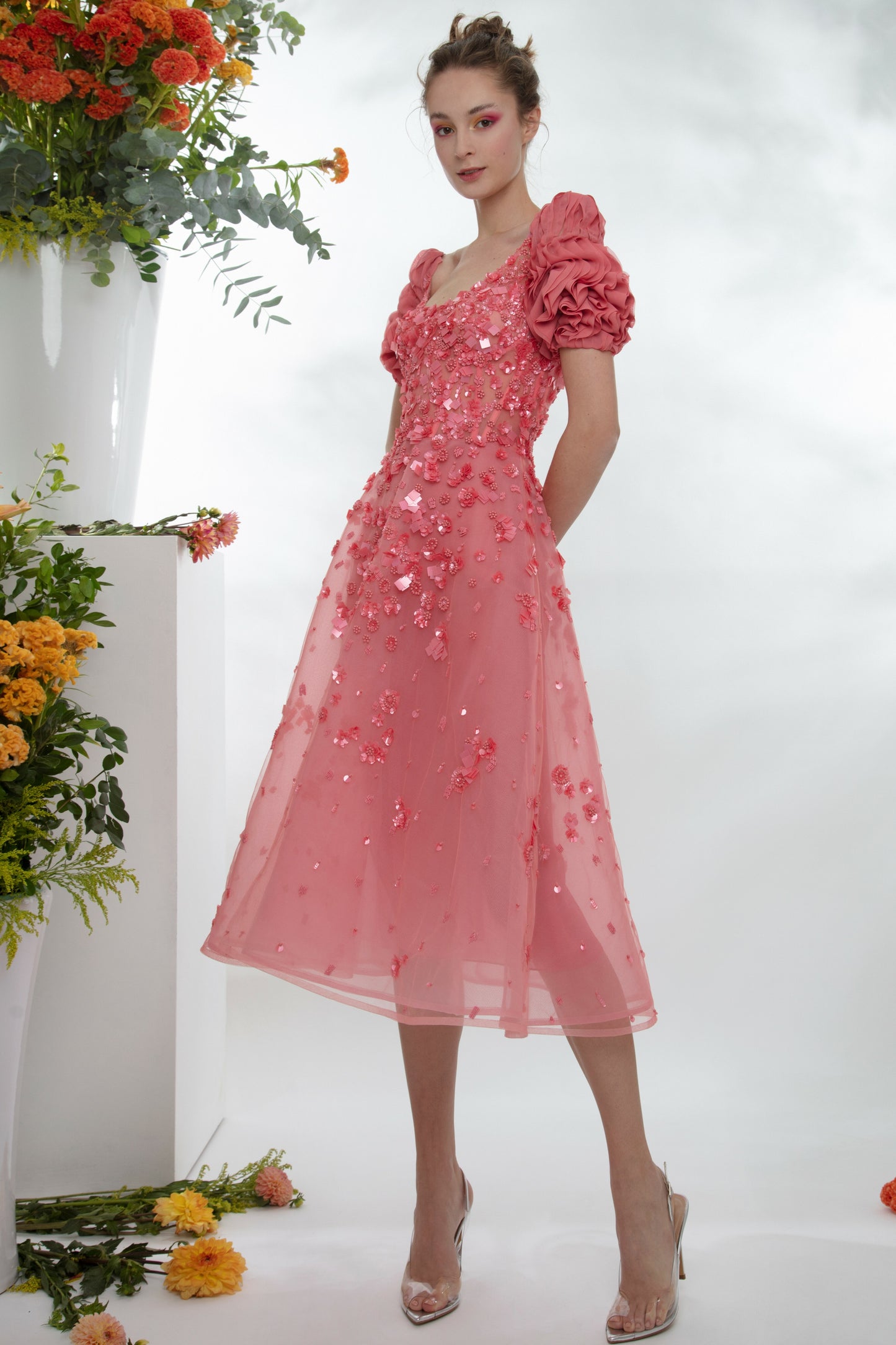 Beaded Midi Dress with Laser-Cut Sleeves