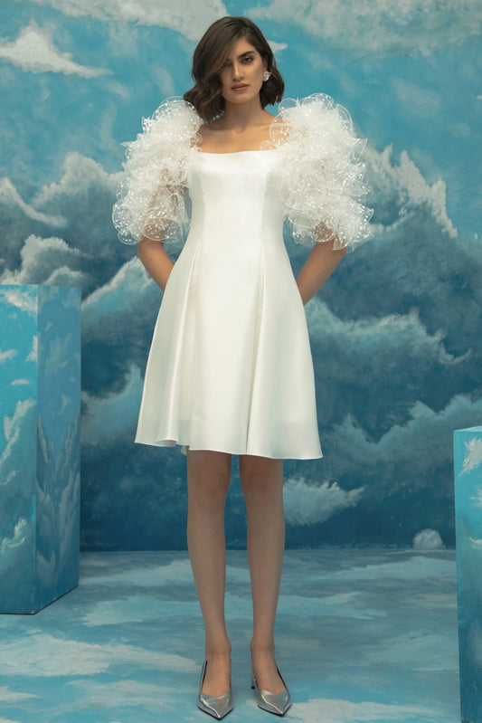 White Ruffle Sleeved Cocktail Dress
