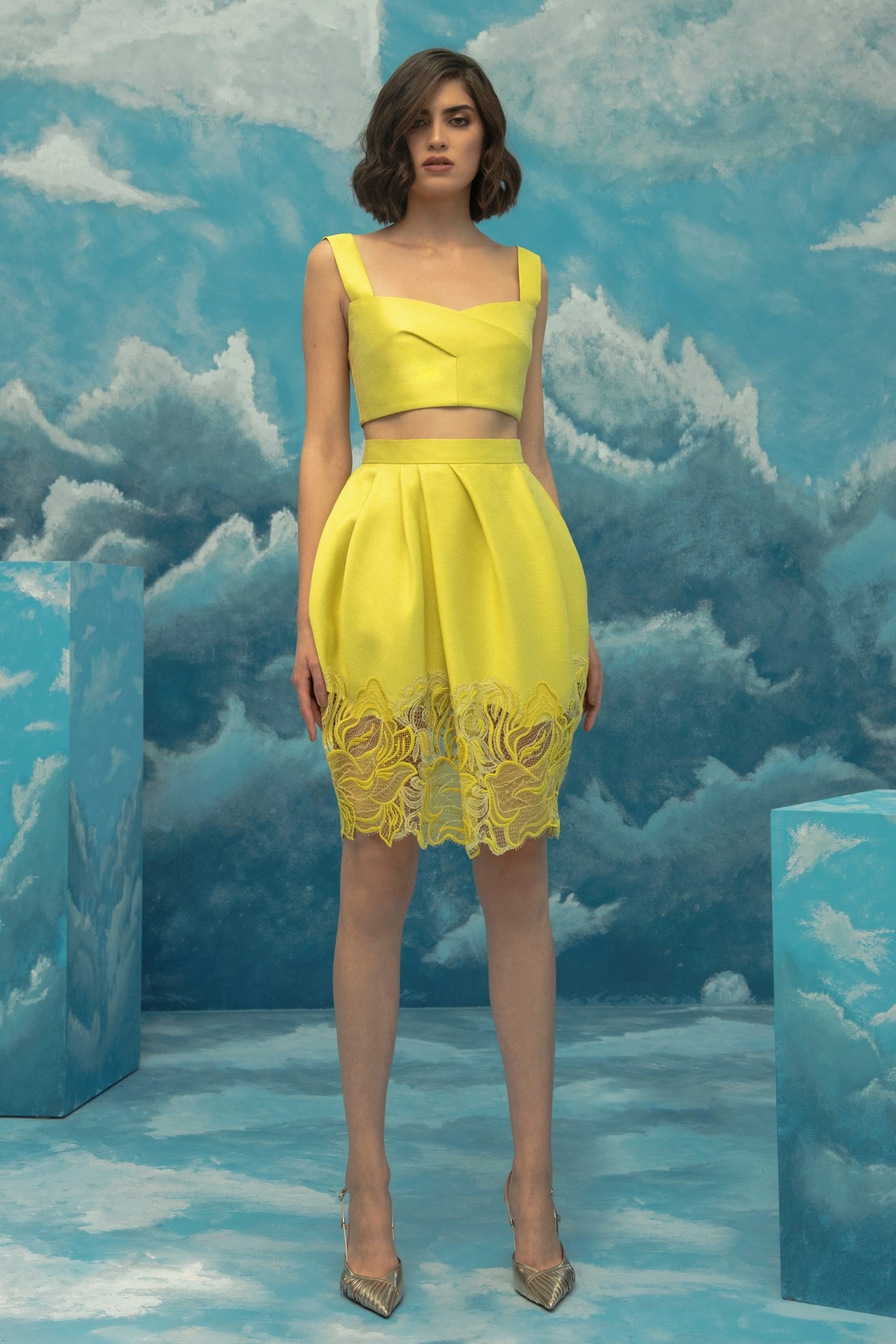 Yellow Fitted Two Piece Cocktail Dress