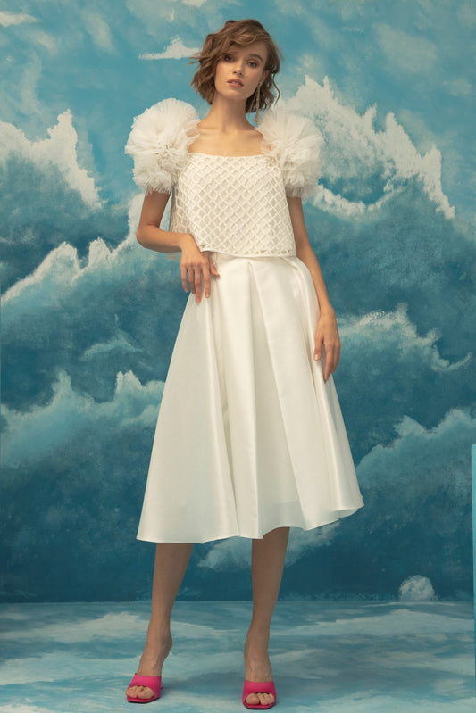 White Ruffled Top with Midi Skirt