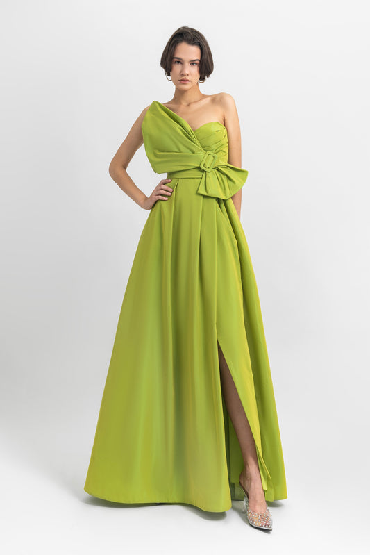 Strapless Taffeta Slit Gown