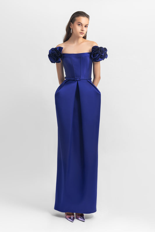 Structured Off Shoulder Satin Gown
