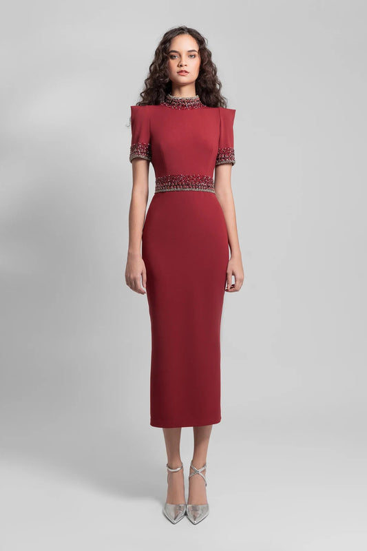 Beaded Midi Crepe Dress