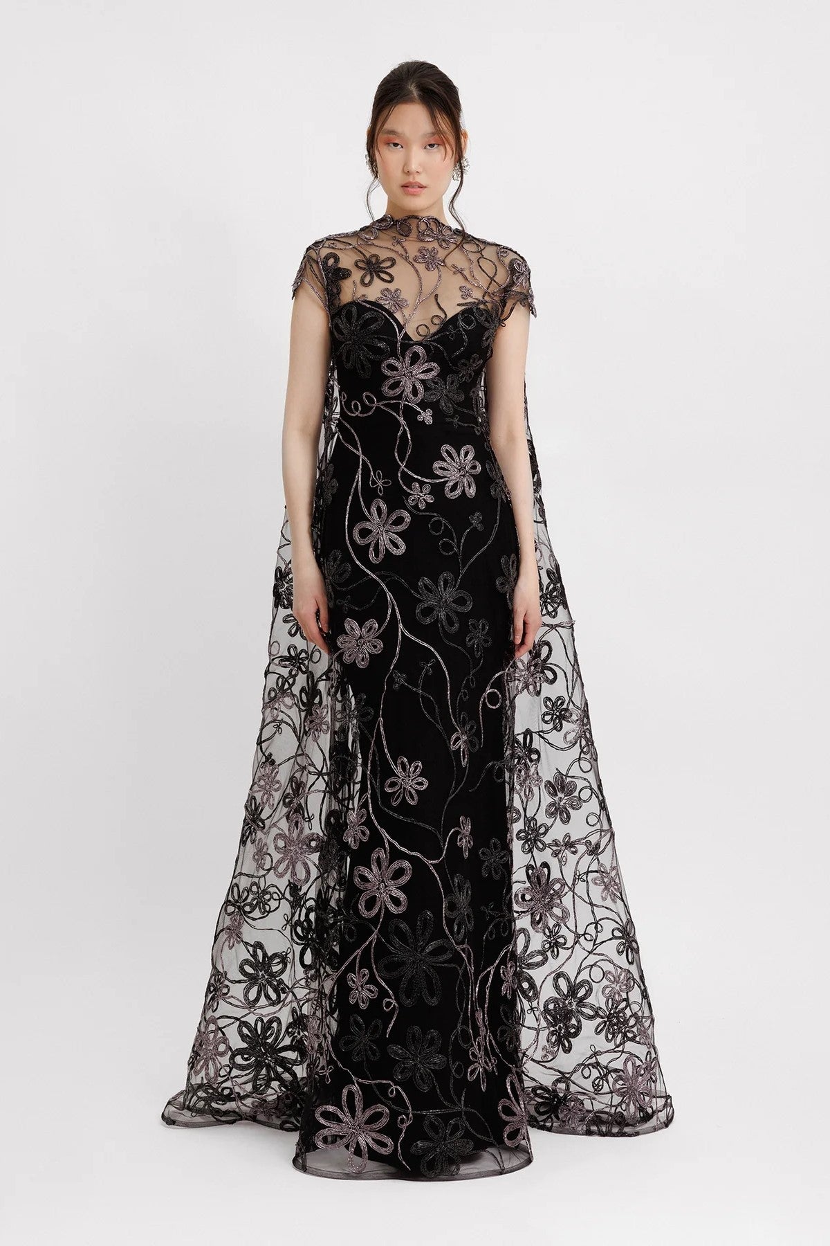 Cape-Like Back Tulle Gown