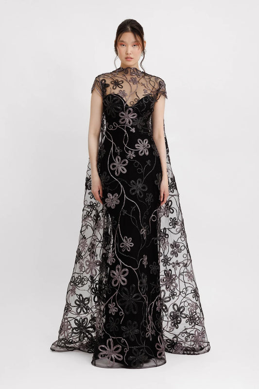 Cape-Like Back Tulle Gown