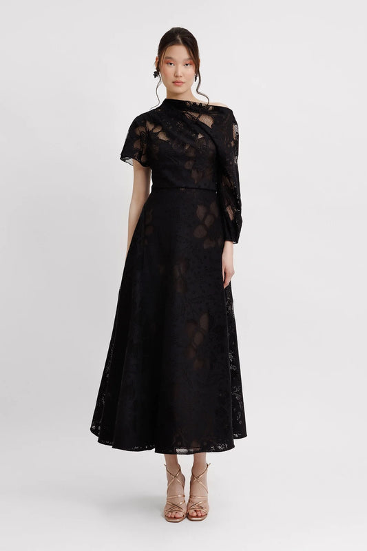 Asymmetrical Neckline Midi Dress