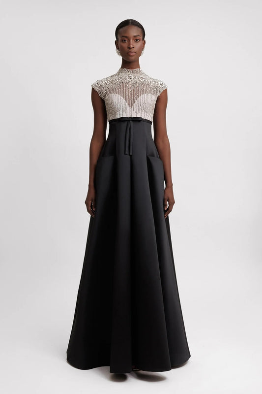 Beaded Corset Cap Sleeve Gown
