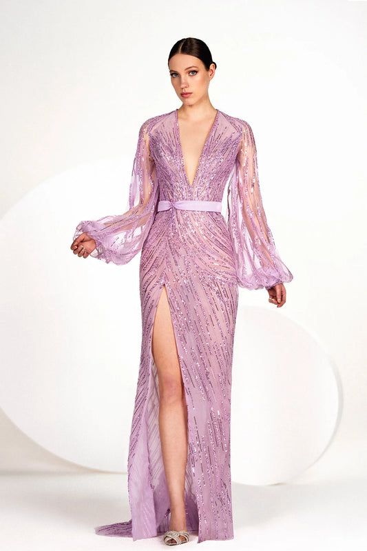 Fully Beaded Lantern Sleeve Gown