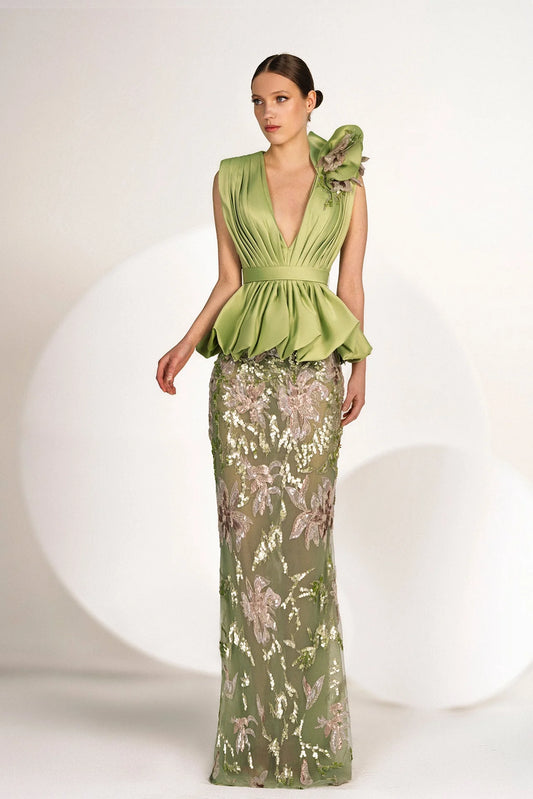 Pleated Top with Embroidered Skirt