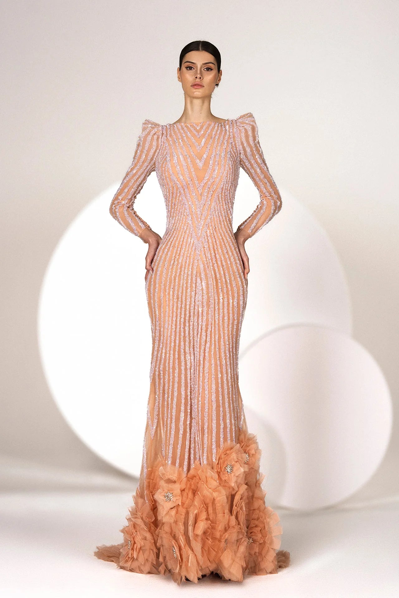 Fully Bead Embroidered Gown with Organza Flowers